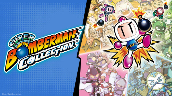 Super Bomberman Collection logo with colorful characters on a blue and pink background