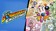 Super Bomberman Collection logo with colorful characters on a blue and pink background