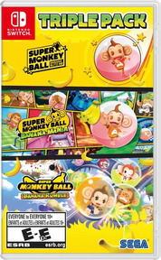 Nintendo Switch game case for Super Monkey Ball: Banana Kumble Triple Pack, featuring bright yellow packaging with colorful character art and logos for Nintendo Switch, SEGA, and ESRB.