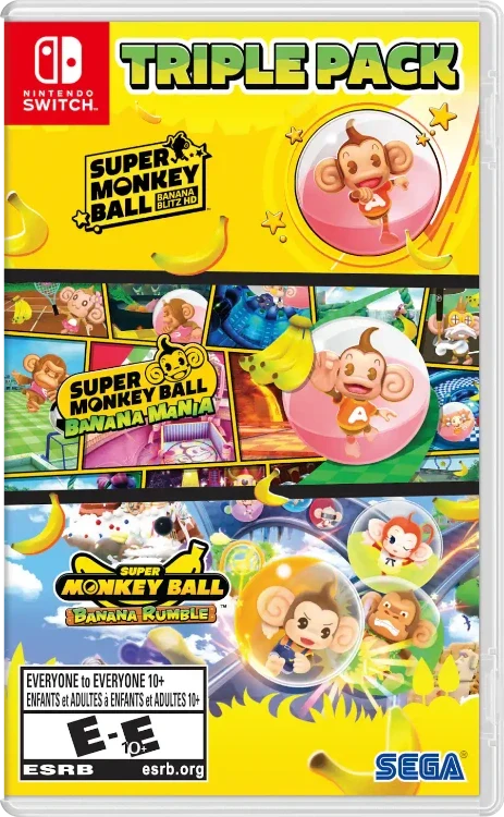 Nintendo Switch game case for Super Monkey Ball: Banana Kumble Triple Pack, featuring bright yellow packaging with colorful character art and logos for Nintendo Switch, SEGA, and ESRB.