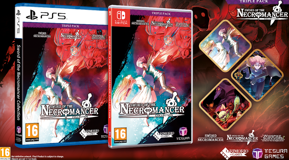 Triple packs of 'The Necromancer' game on PlayStation 5 and Nintendo Switch with colorful artwork.