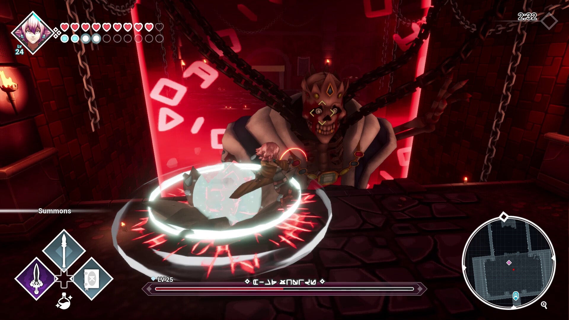 Game interface with a character and glowing circular object in a dark, eerie setting.