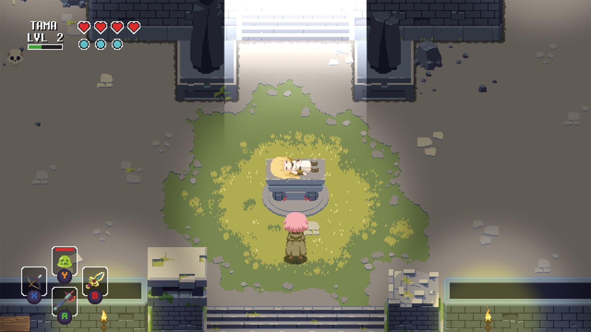 Video game screen showing a character in a dungeon-like setting with a map and health bars.