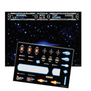 Video game score screen with character selection and power-ups on a dark background