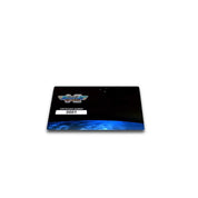 Black card with blue gradient and logo on a white background