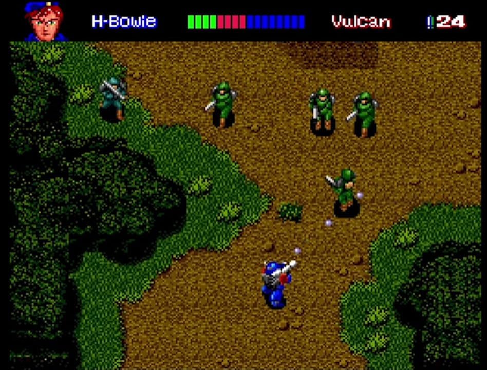 Screenshot of a classic video game with characters and health bars on a forested map.