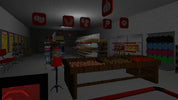 Darkly lit store interior with shelves and products