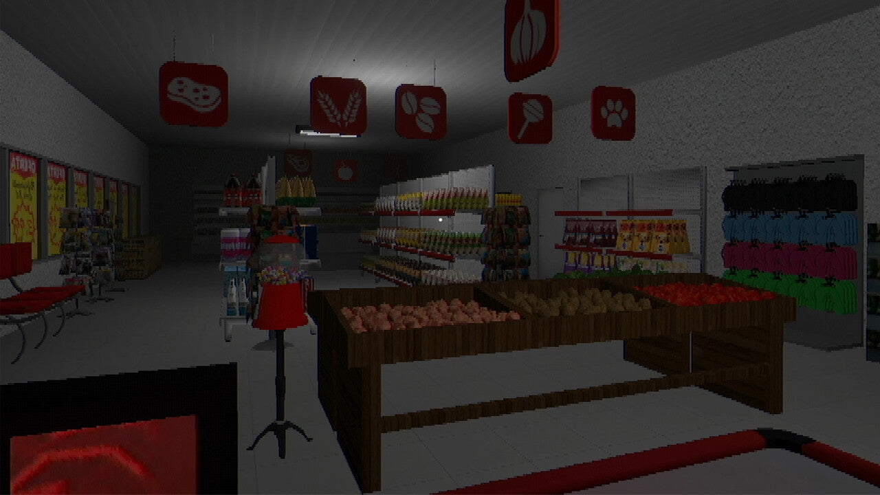 Darkly lit store interior with shelves and products