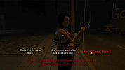 Character in a dark setting with dialogue text on screen