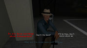 Character in a dark setting with text dialogue on screen