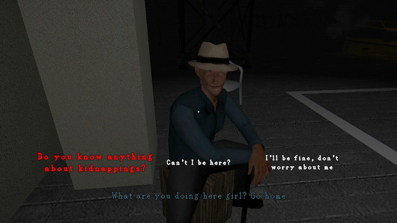 Character in a dark setting with text dialogue on screen