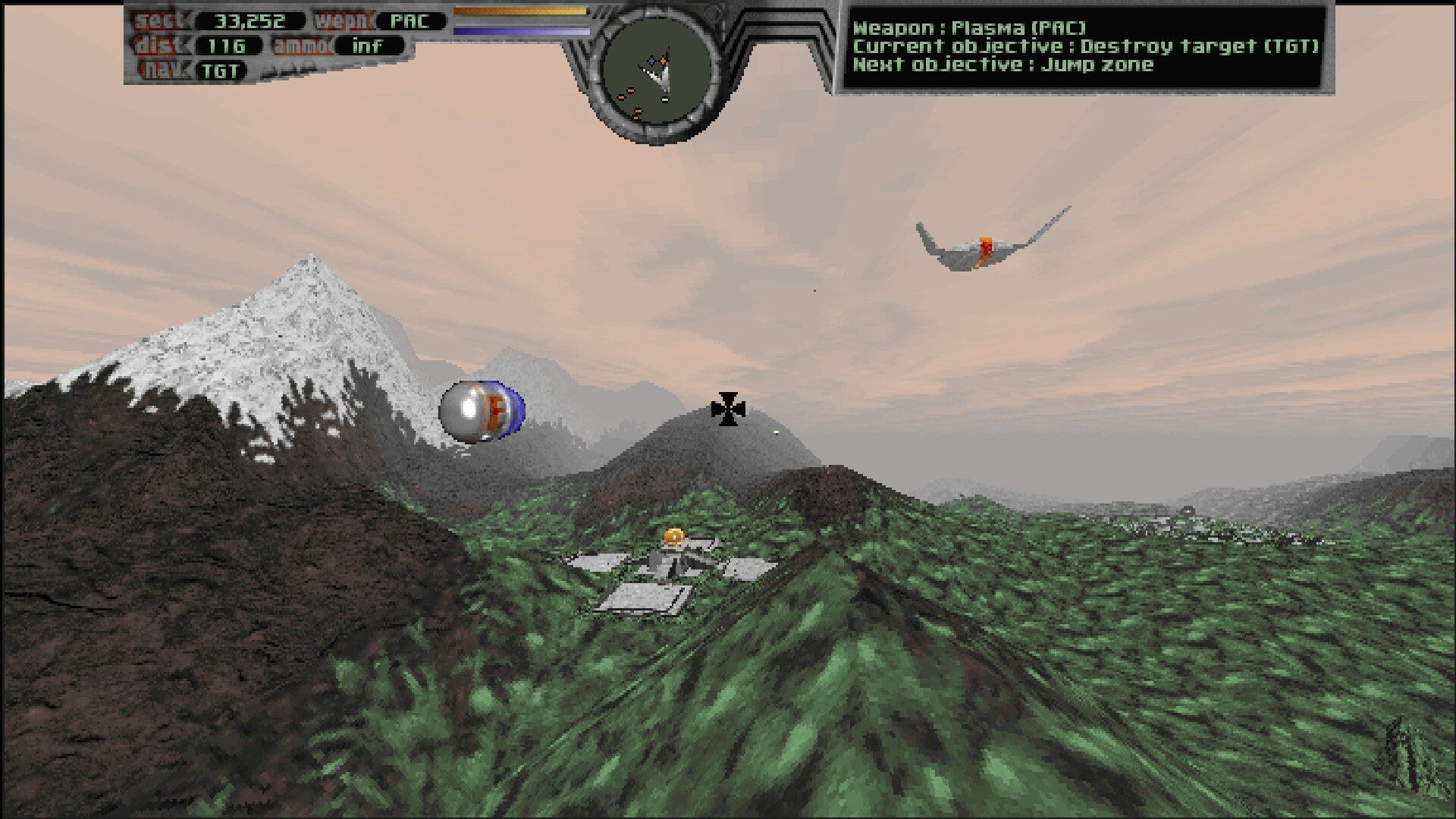 Screenshot of a video game with a mountain and landscape view