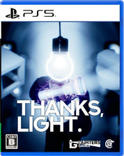 PS5 game cover for 'Thanks, Light.' featuring a dramatic blue-toned photo of a hand holding a glowing light bulb, with the PS5 logo at the top and publisher logos at the bottom.