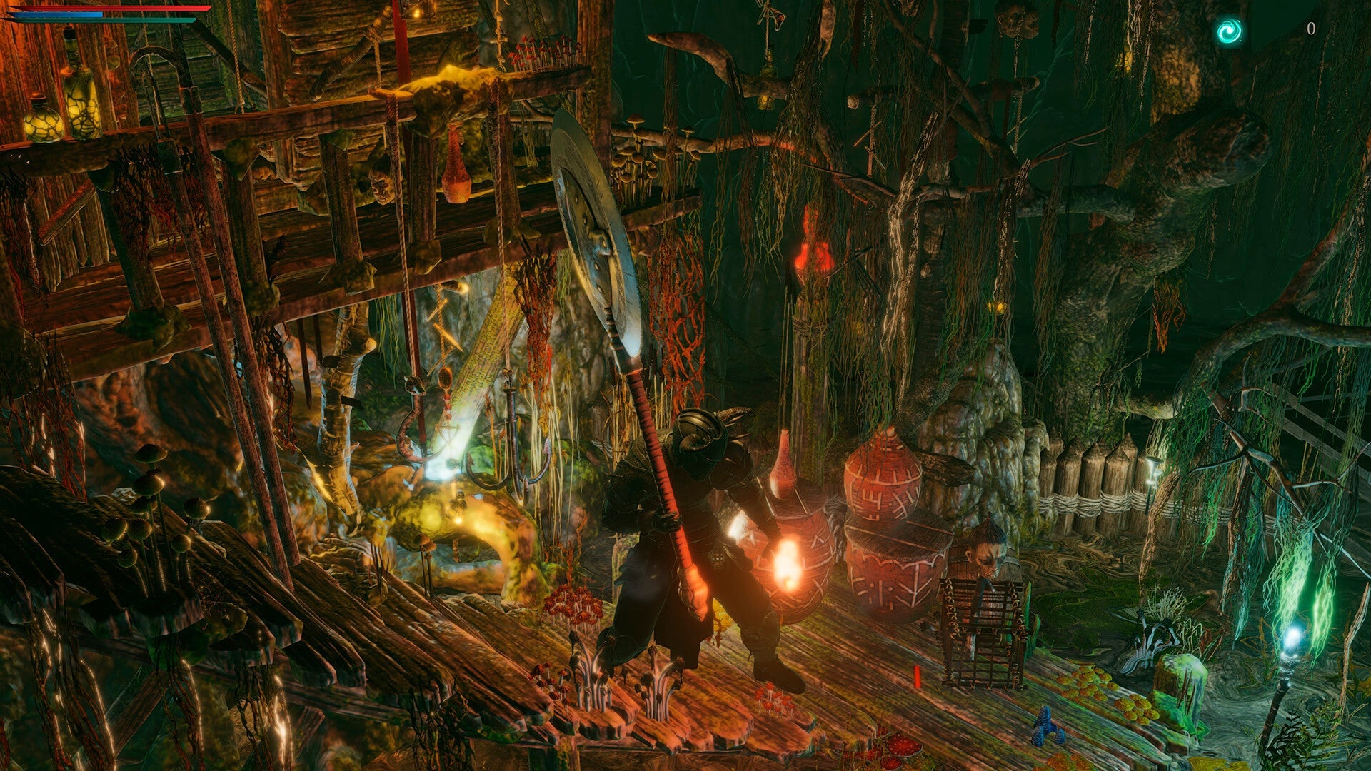 Dark, eerie cave scene with a character holding a torch and a large creature.