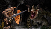 Character in armor with a sword facing a dragon-like creature in a dark, fantasy setting.