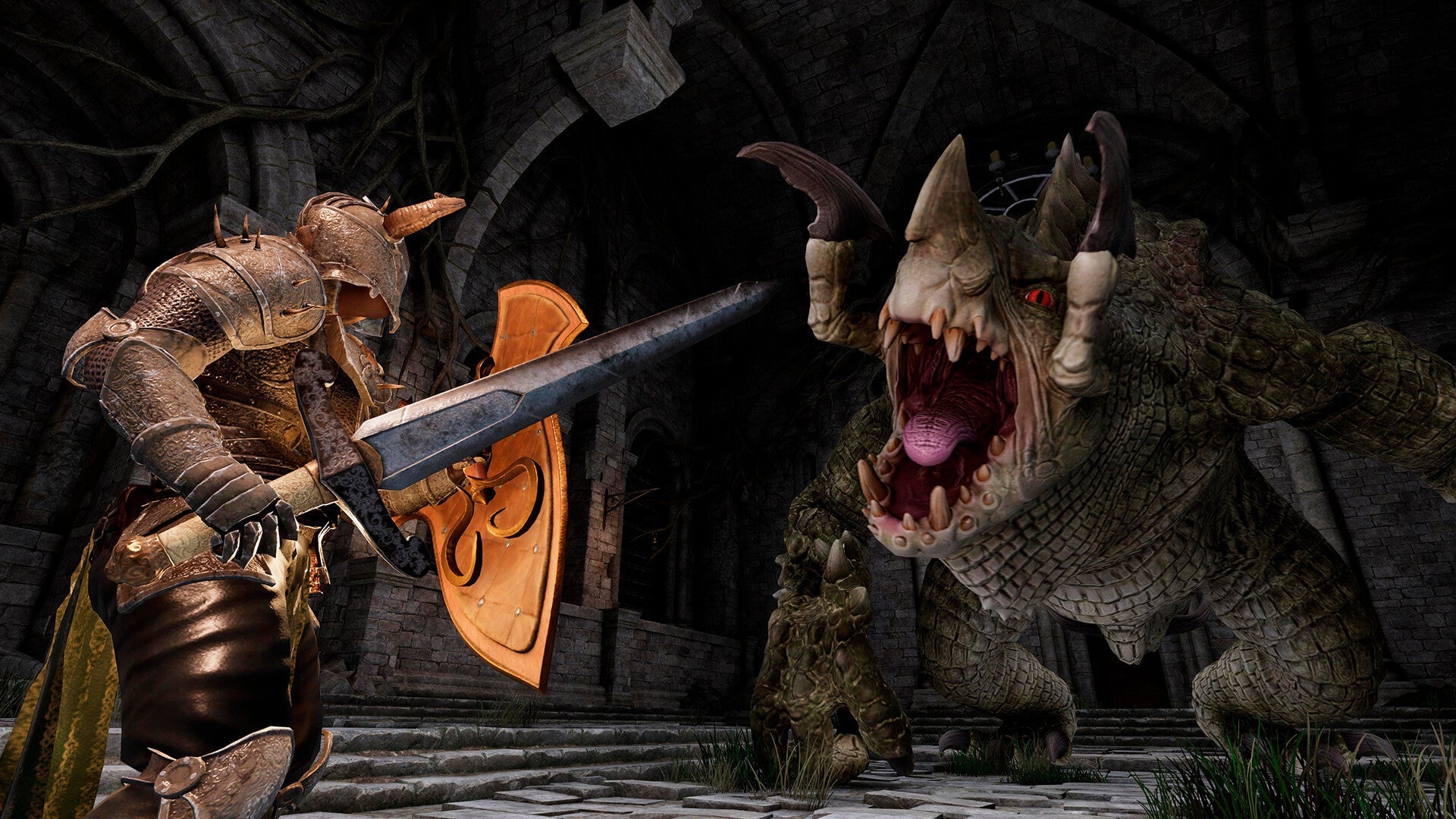Character in armor with a sword facing a dragon-like creature in a dark, fantasy setting.