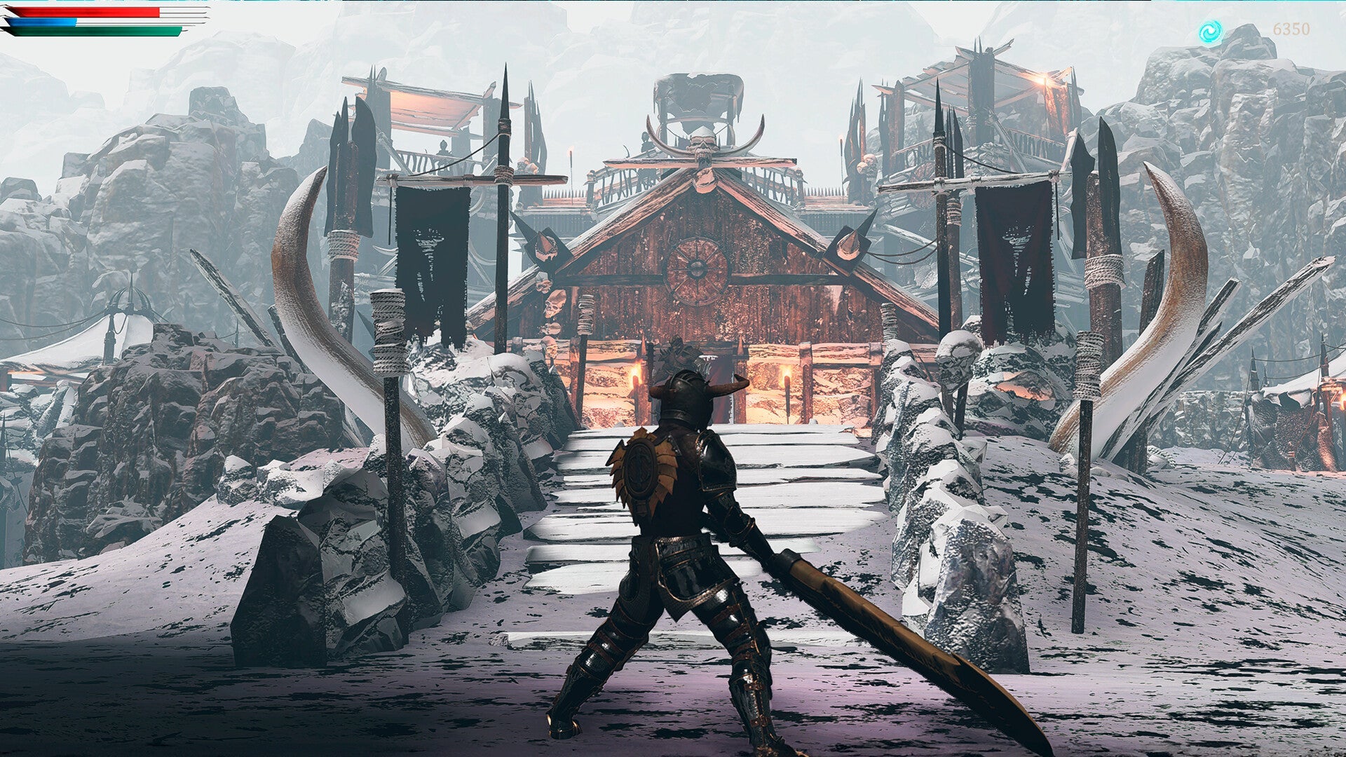 Character with a large weapon approaching a snowy village gate in a fantasy setting
