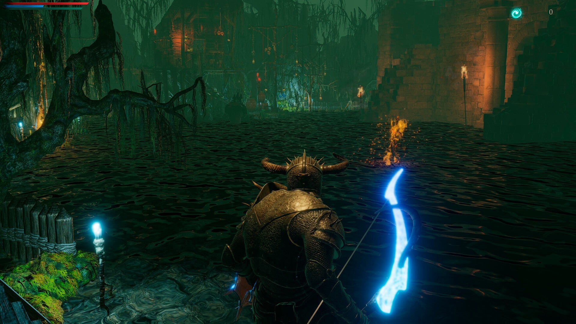Dark fantasy scene with a character holding a glowing bow in a cave-like environment.