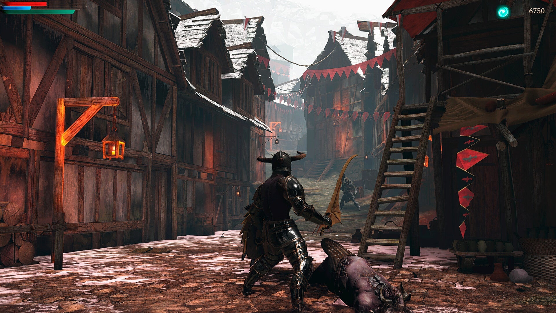 Character in dark armor with a sword in a medieval village setting