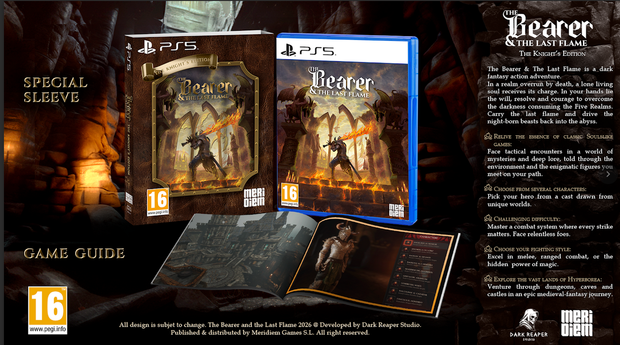 Game packaging for 'Bearer of the Last Flame' with special sleeve, game guide, and promotional text.
