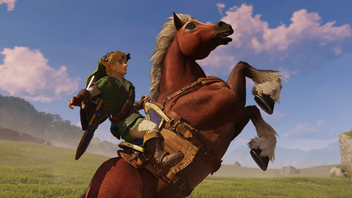 A stylized fantasy scene showing a rider in green armor mounted on a brown horse rearing in an open grassy landscape under a blue sky with clouds.