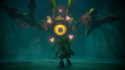 A dark fantasy scene showing a small green character standing beneath a giant insect-like creature with a glowing yellow eye and pink triangular markings in a dim teal environment.