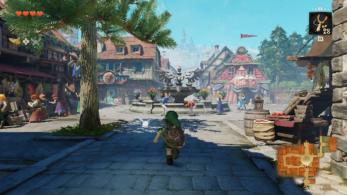 A screenshot from a fantasy video game showing a character running through a medieval-style town square with buildings, trees, market stalls, and other players in the distance.