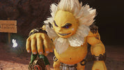 A stylized 3D-rendered character with a yellow body, large white hair, and a wide grin, shown in a dark outdoor-like environment. The face area is obscured by a solid rectangular block, and there is no clearly identifiable retail product being sold.