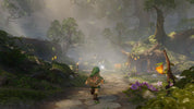 A fantasy forest scene with a small character in green and brown clothing walking along a stone path, surrounded by misty trees, glowing mushrooms, and purple flowers. This appears to be digital artwork rather than a physical product photo.