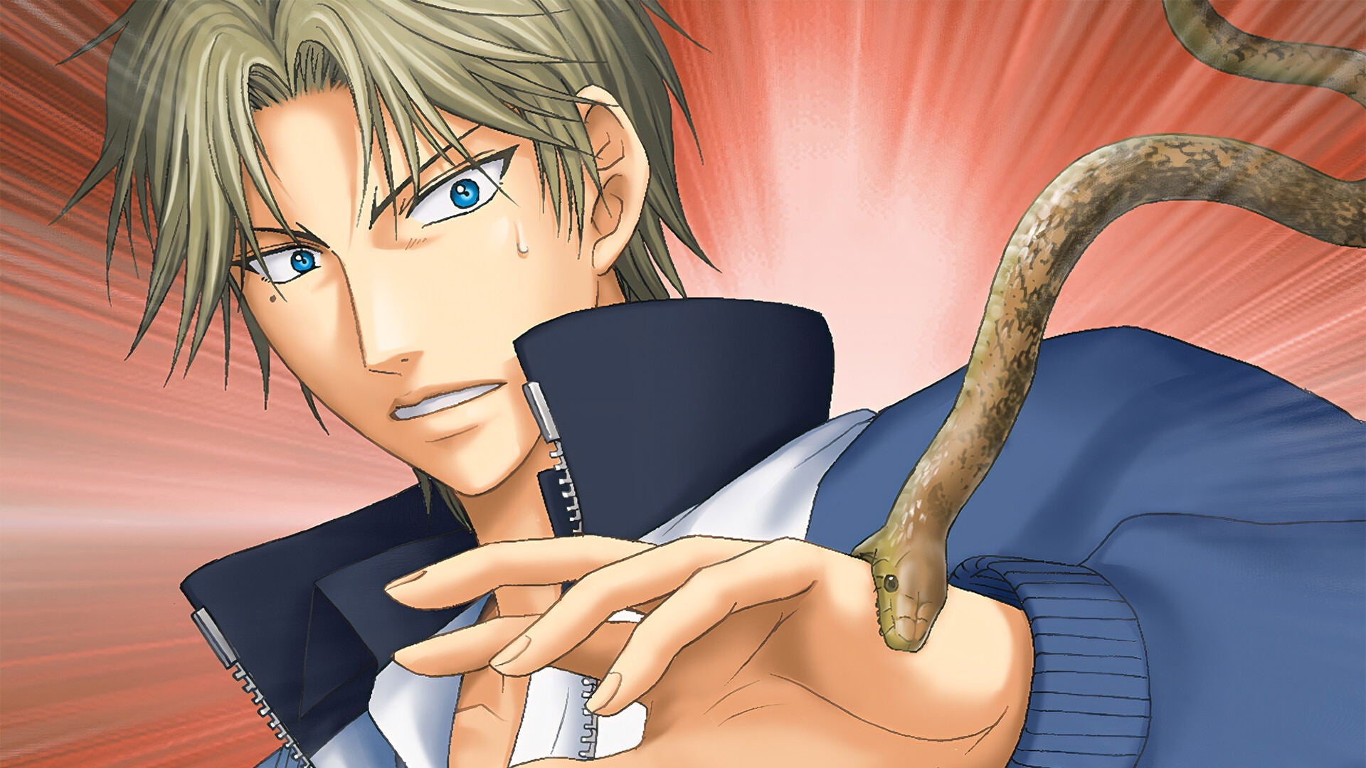 Anime character with a snake on his arm against a red background