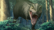 Prehistoric creature with open mouth in a forest setting