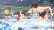 Anime-style depiction of swimmers in a pool with a stadium in the background
