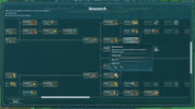A screenshot of a dark teal game interface titled 'Research' with multiple connected research nodes, icons, buttons, and a central tooltip reading 'Ork Doctor' and 'Research fund.' This is not a physical product photo, packaging, lifestyle scene, measurement chart, color swatch, or instruction diagram for a retail product; it fits best under Other as a digital-only preview/game UI.