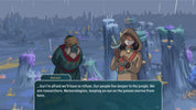 A digital illustration from a video game or interactive story, featuring two characters in a rainy, alien jungle environment. On the left is a bearded character in a dark green tunic with a red collar, and on the right is a hooded character in a tan cloak holding a sword and vial.