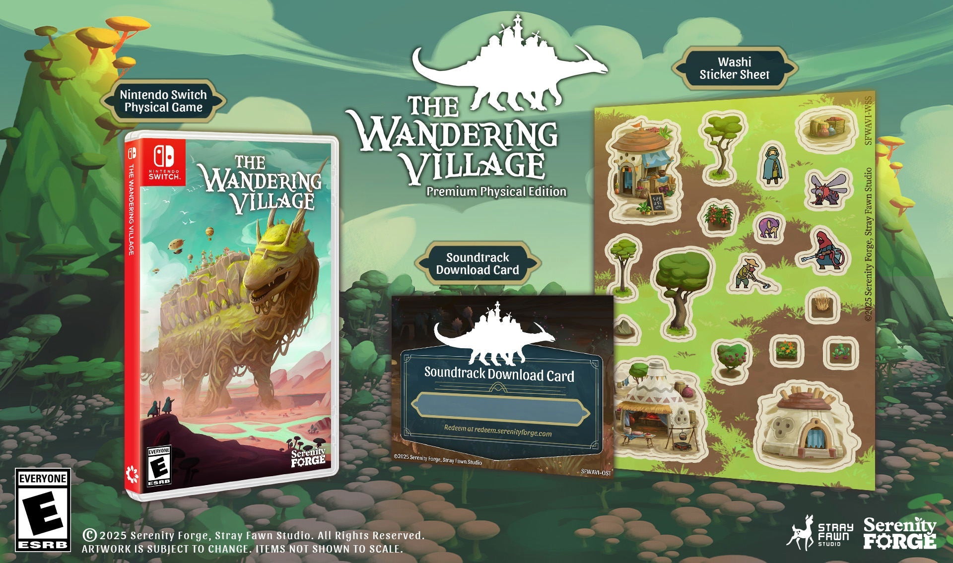 Nintendo Switch game case for 'The Wandering Village' with promotional materials on a green fantasy-themed background.