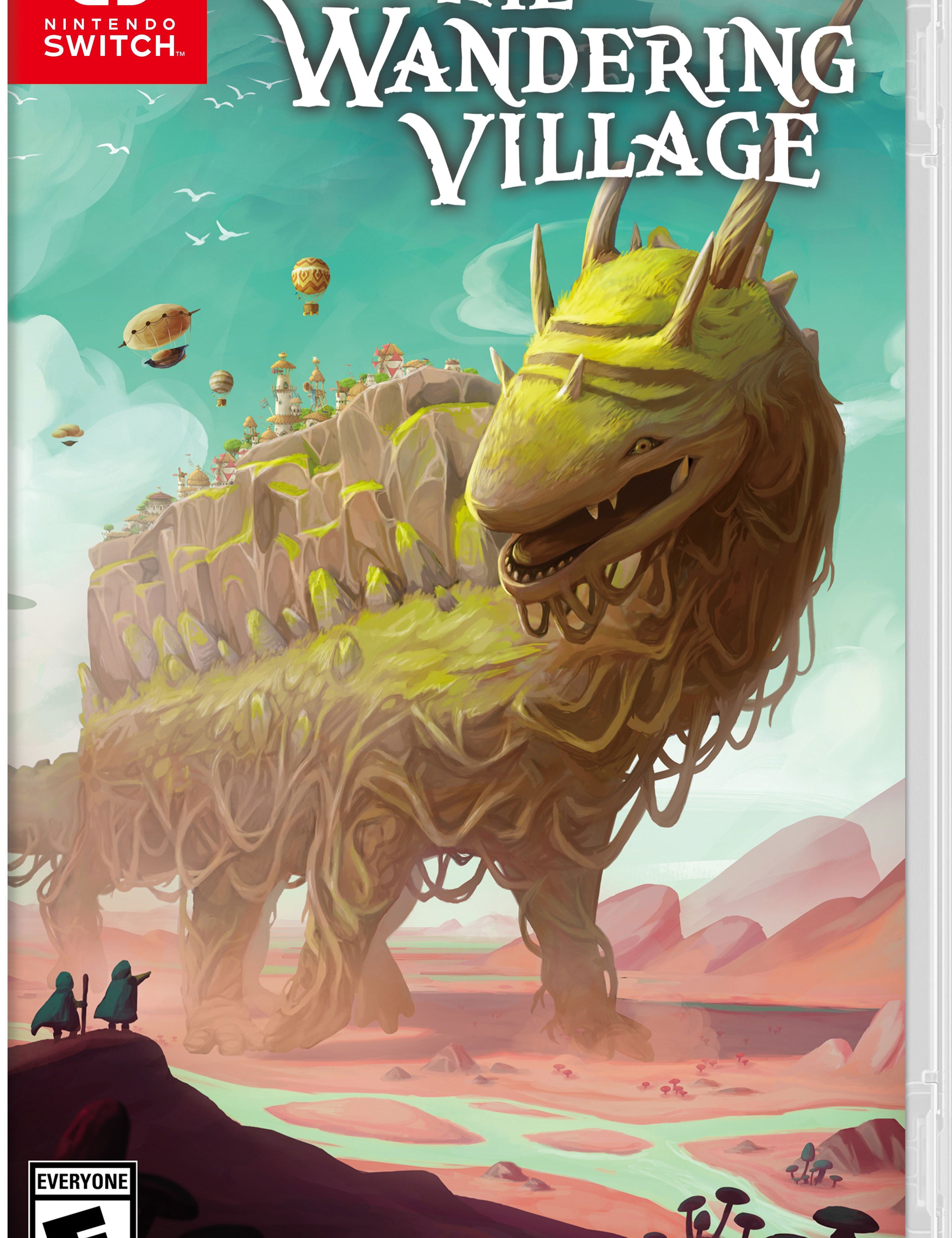 Front cover of the Nintendo Switch game The Wandering Village, showing a large yellow-green serpentine creature in a surreal landscape with the Nintendo Switch logo in the top left and the ESRB rating in the bottom left.