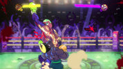 Animated character in a dynamic pose with colorful outfit and glowing effects on a vibrant background.