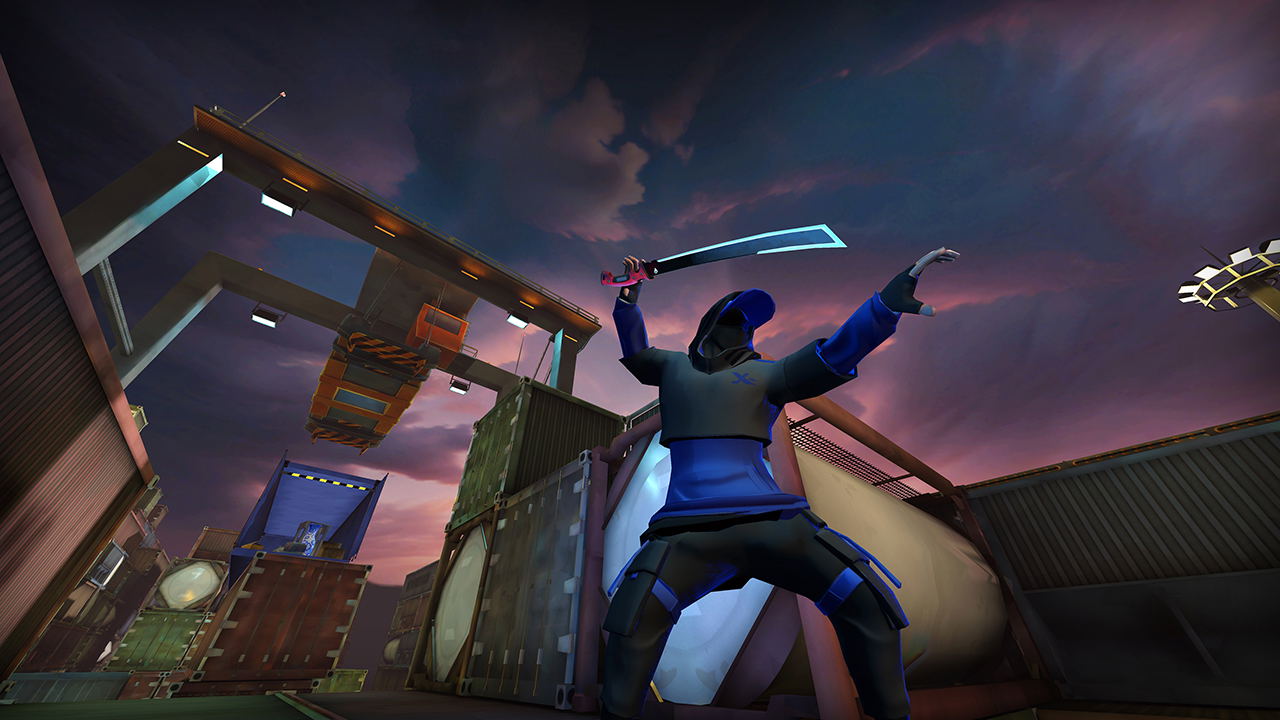 Character in a blue outfit with a sword in an urban setting at dusk