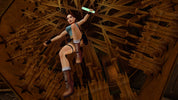 Character sitting on a wooden structure with a dark, moody atmosphere