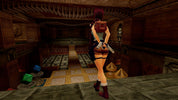 Character in a video game setting with wooden walls and floor.