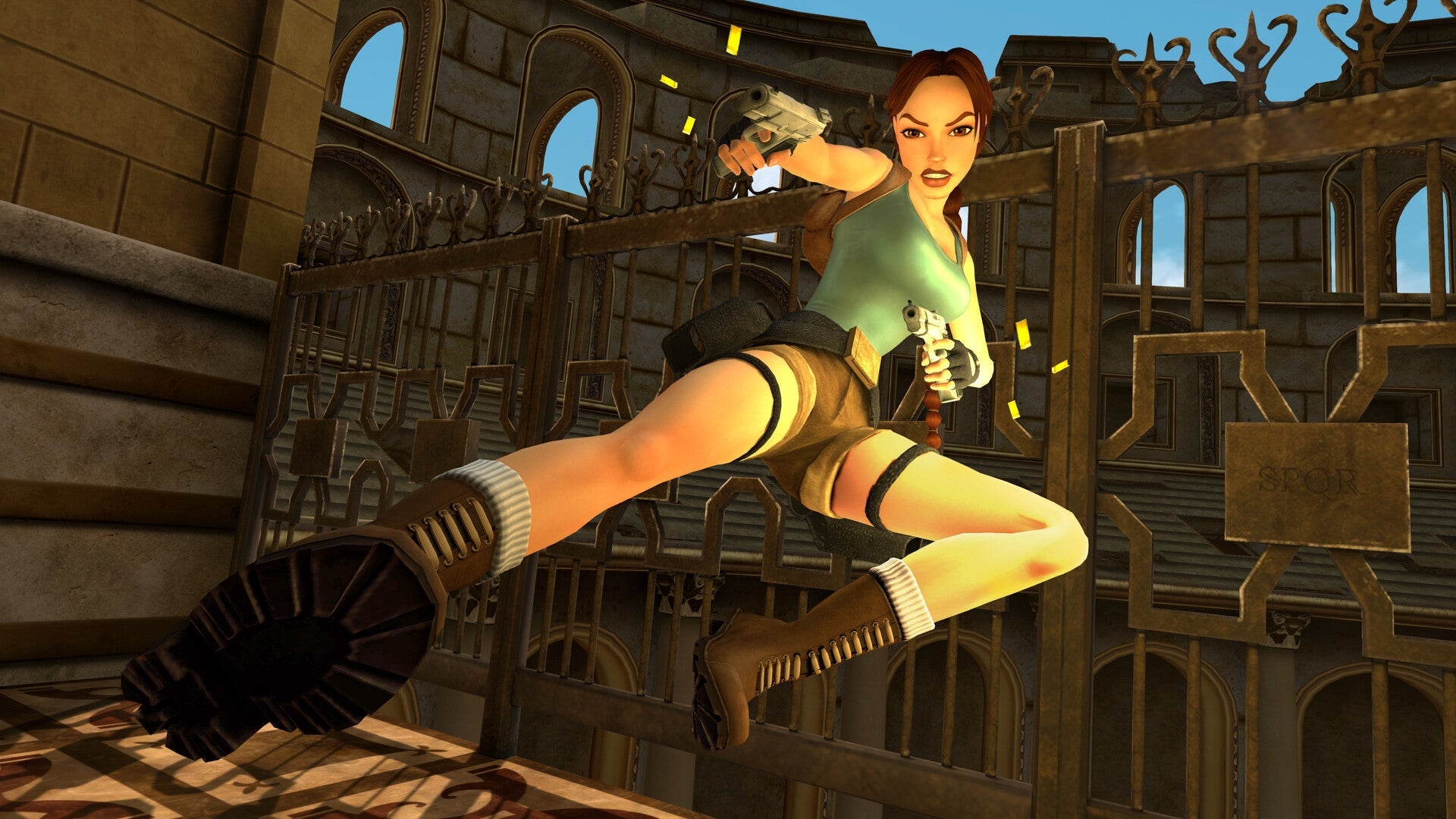 Character in a video game environment with classical architecture