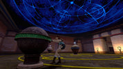 Character standing in a room with a large spherical object and a starry ceiling.
