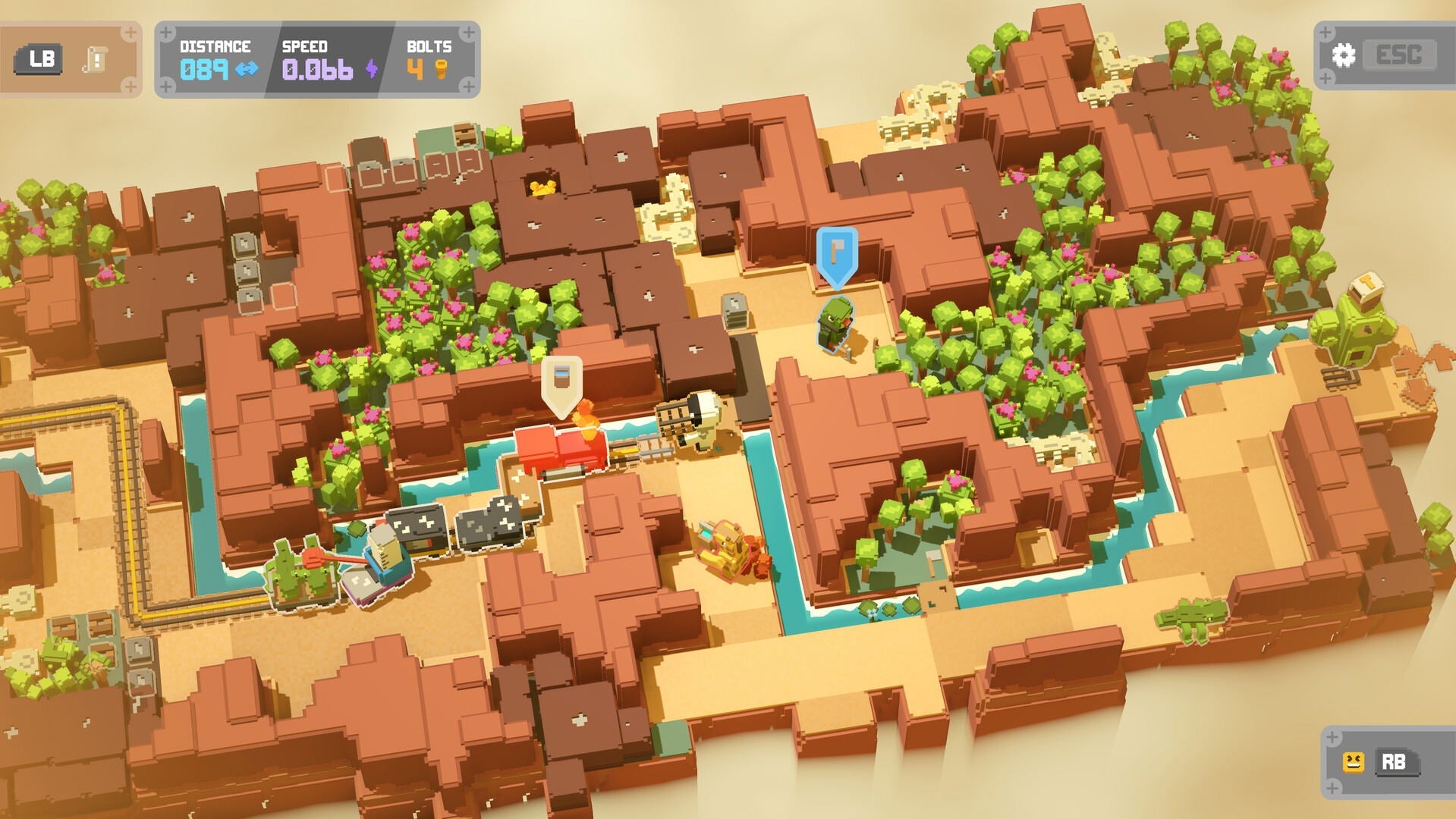 Game map with buildings, trees, and pathways in a block-style design.