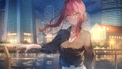 Anime character with pink hair in an urban setting