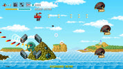 Pixel art-style game scene with characters and objects on a blue sky and ocean background