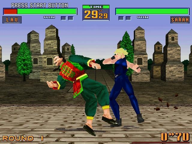 Two characters in a fighting game with a castle-like background