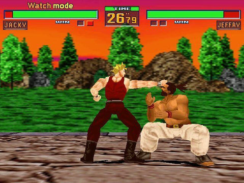 Two characters in a fighting game with a sunset background