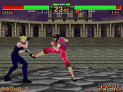 Two characters in a fighting game with a classical architecture background