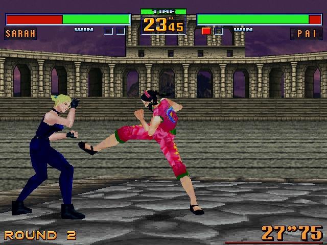 Two characters in a fighting game with a classical architecture background
