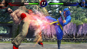 Two characters in a fighting game with a colorful energy effect in an outdoor setting.